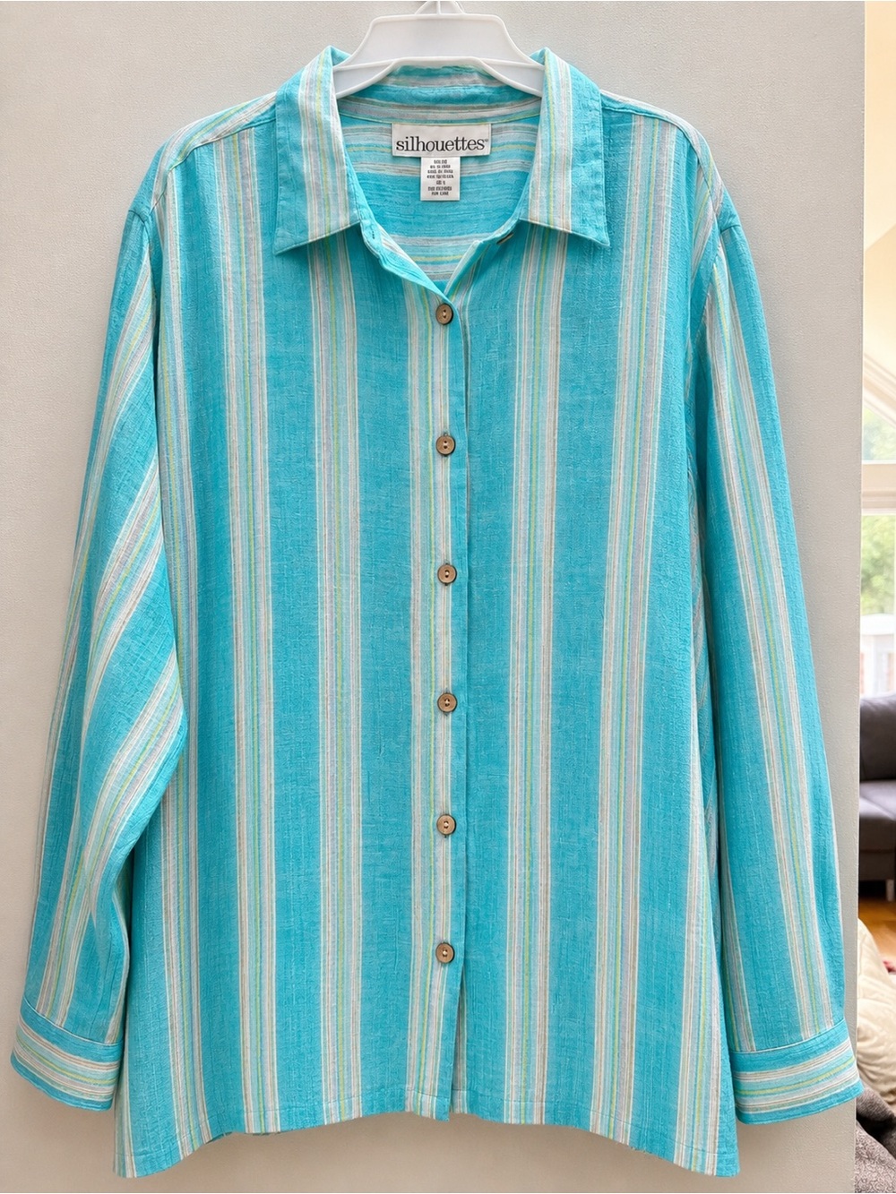 Silhouette Turquoise and White Striped Button-Up Blouse 100% Cotton